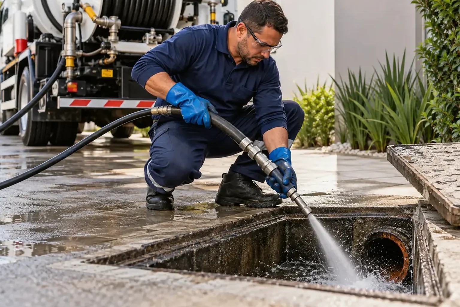 Equipe de desentupidora atendendo emergência em Bagé.