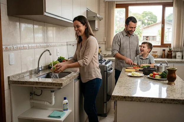 Família em uma cozinha funcional e limpa em Bagé.