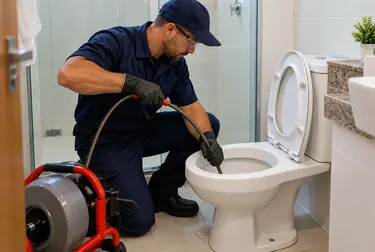 Profissional desentupindo vaso sanitário em Bagé.