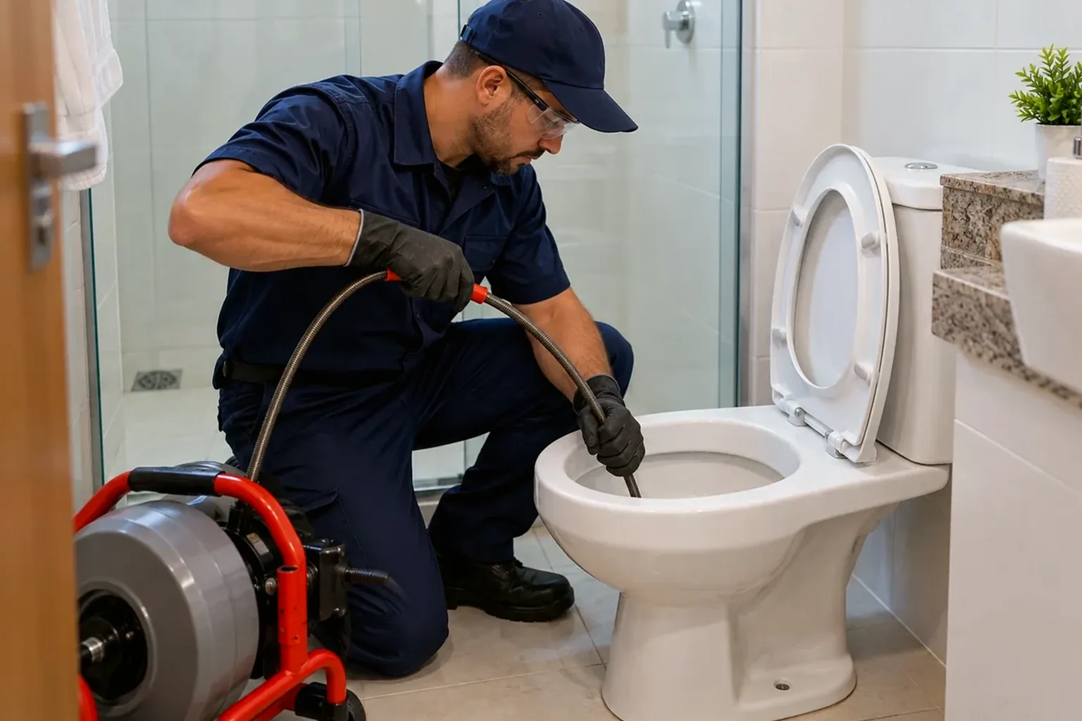 Profissional desentupindo vaso sanitário em Bagé.