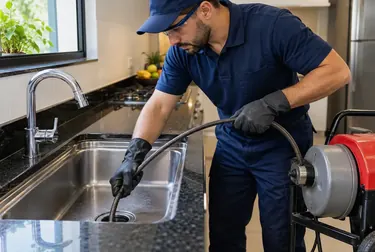 Profissional realizando desentupimento de pia com equipamento especializado em Bagé.