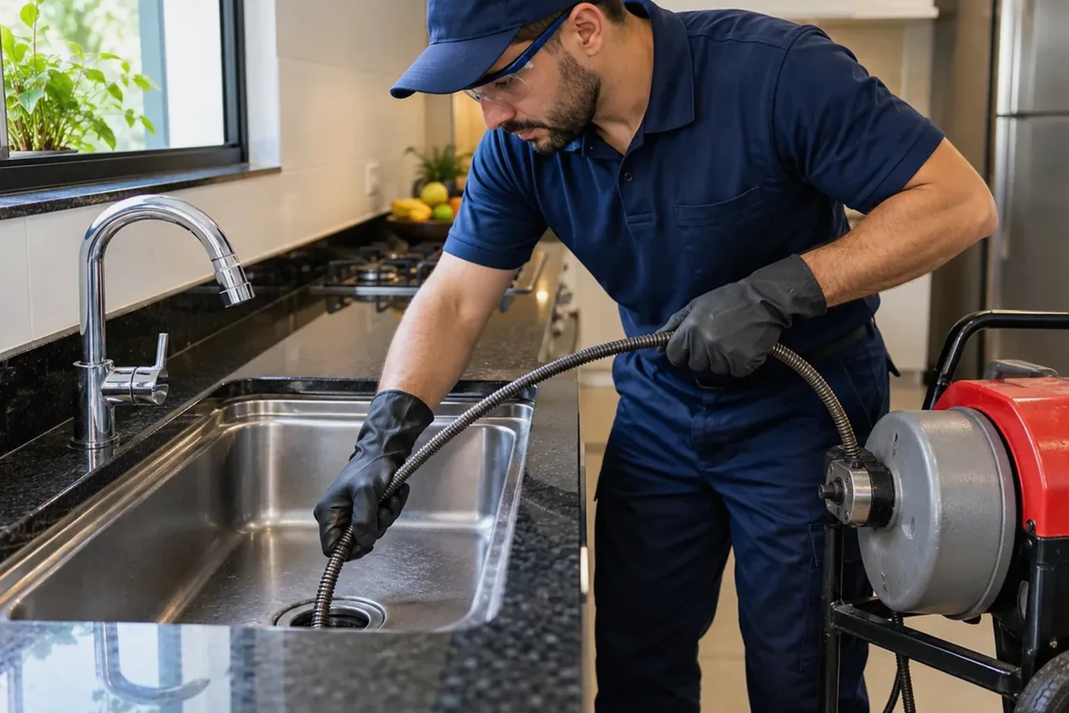 Profissional realizando desentupimento de pia com equipamento especializado em Bagé.