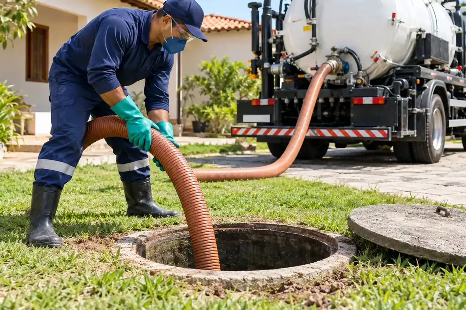 Profissional realizando manutenção em rede de esgoto em Bagé.